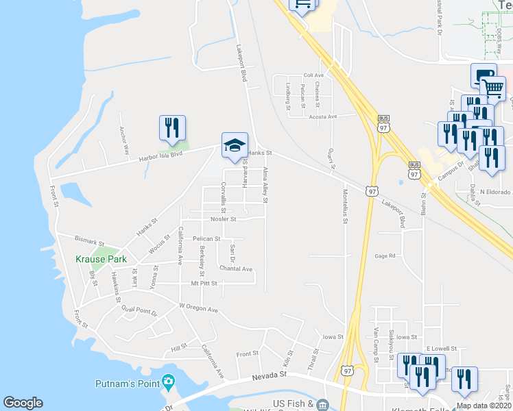 map of restaurants, bars, coffee shops, grocery stores, and more near 318 McCourt Street in Klamath Falls