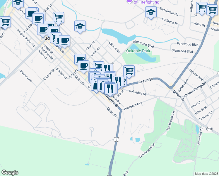 map of restaurants, bars, coffee shops, grocery stores, and more near 24 Park Place in Hudson