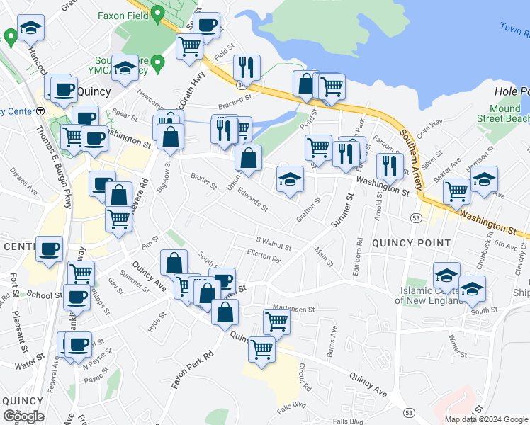 map of restaurants, bars, coffee shops, grocery stores, and more near 111 Edwards Street in Quincy