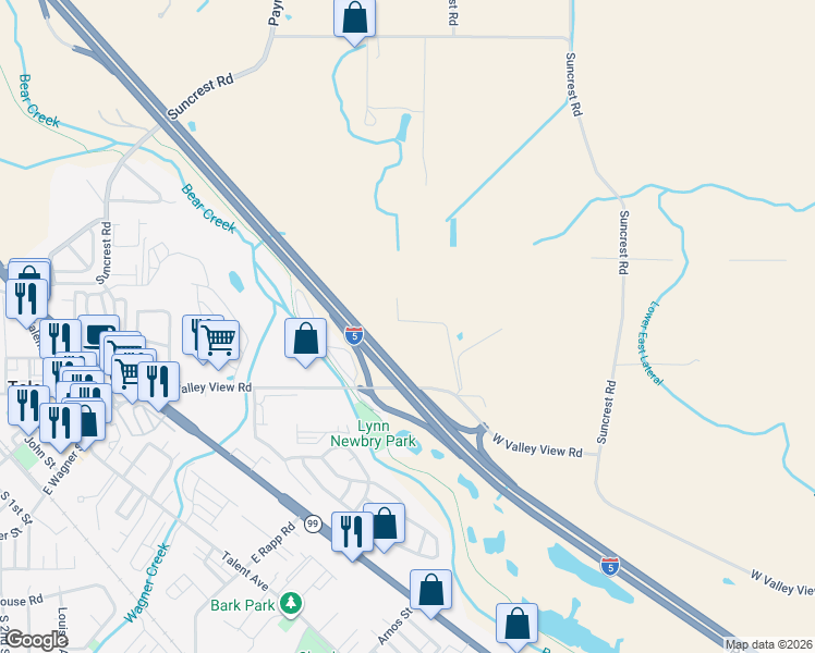 map of restaurants, bars, coffee shops, grocery stores, and more near 671 West Valley View Road in Ashland