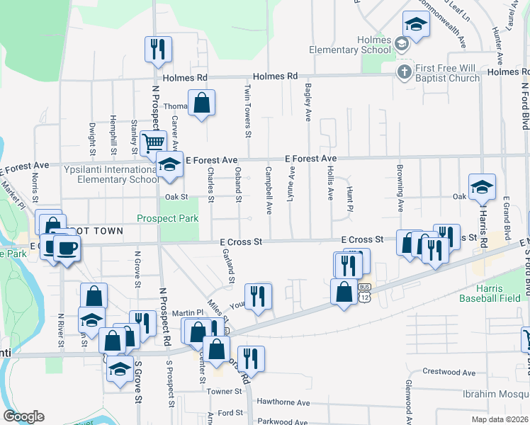 map of restaurants, bars, coffee shops, grocery stores, and more near 421 Campbell Avenue in Ypsilanti