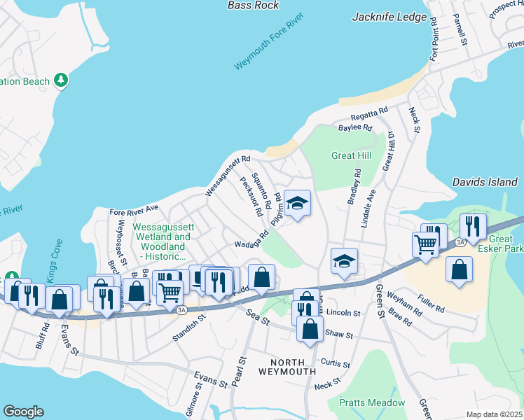 map of restaurants, bars, coffee shops, grocery stores, and more near 77 Squanto Road in Weymouth