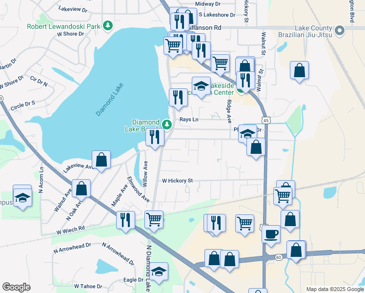 map of restaurants, bars, coffee shops, grocery stores, and more near 128 Maplewood Avenue in Mundelein