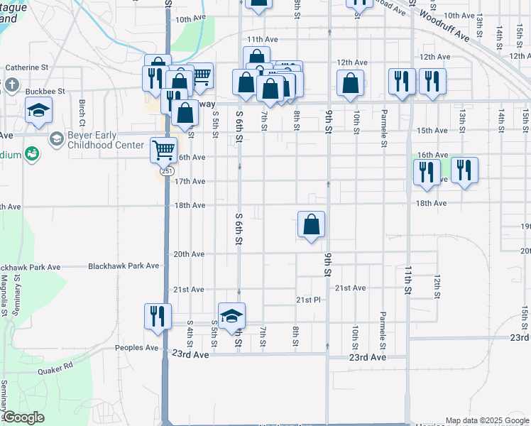 map of restaurants, bars, coffee shops, grocery stores, and more near 1914 7th Street in Rockford