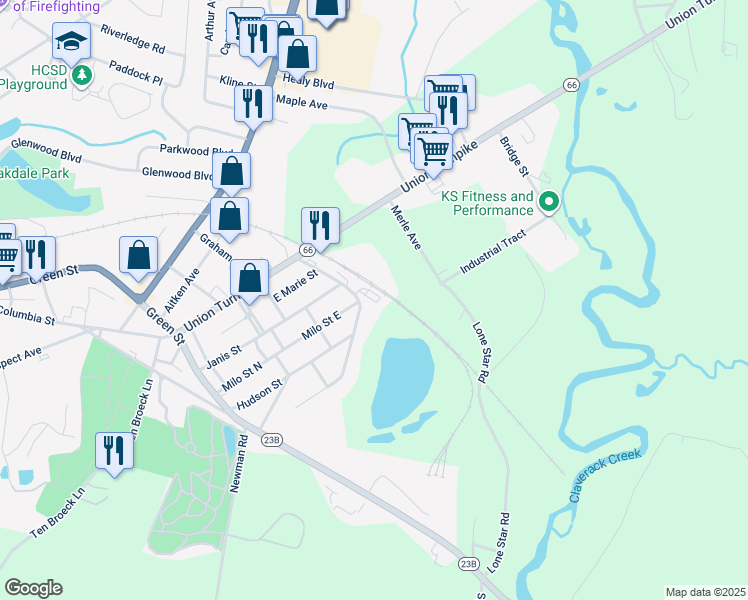 map of restaurants, bars, coffee shops, grocery stores, and more near 71 10 Broeck Avenue in Hudson