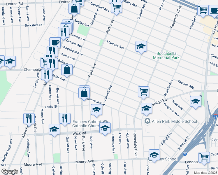 map of restaurants, bars, coffee shops, grocery stores, and more near 15204 Champaign Road in Allen Park