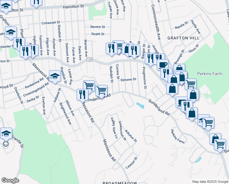 map of restaurants, bars, coffee shops, grocery stores, and more near 91 Sunderland Road in Worcester