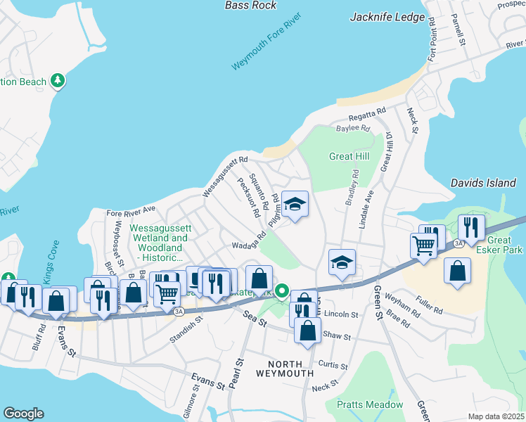 map of restaurants, bars, coffee shops, grocery stores, and more near 77 Squanto Road in Weymouth