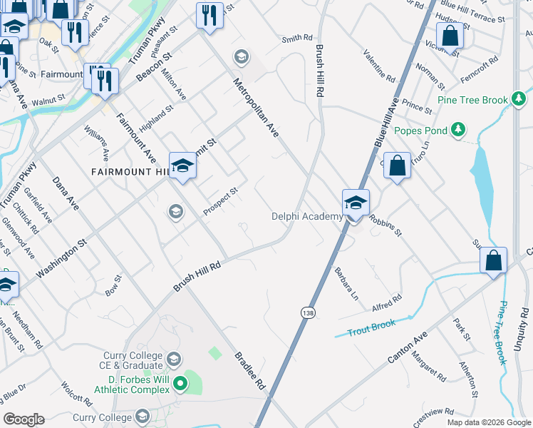 map of restaurants, bars, coffee shops, grocery stores, and more near 34 Brush Hill Lane in Milton