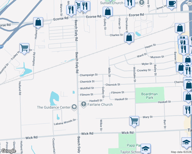 map of restaurants, bars, coffee shops, grocery stores, and more near 25519 Champaign Street in Taylor