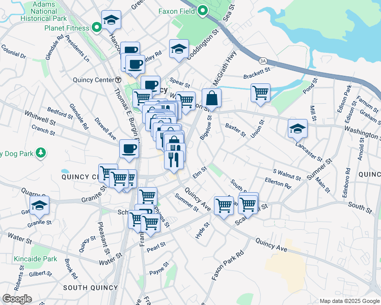 map of restaurants, bars, coffee shops, grocery stores, and more near 35 Revere Road in Quincy