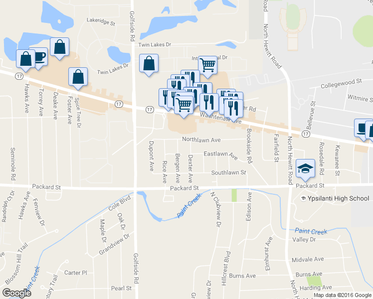 map of restaurants, bars, coffee shops, grocery stores, and more near 513 Dexter Avenue in Ypsilanti
