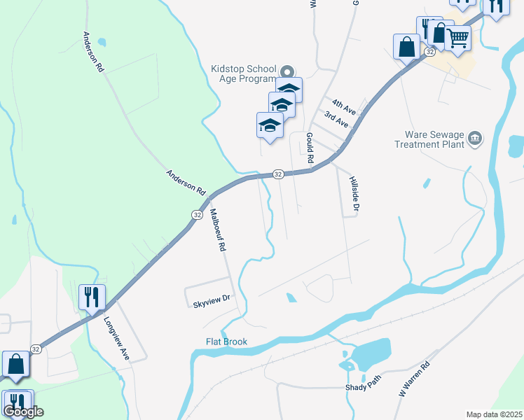 map of restaurants, bars, coffee shops, grocery stores, and more near Brookside Manor in Ware