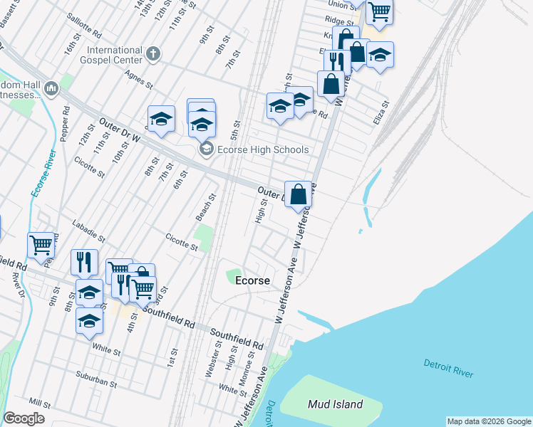 map of restaurants, bars, coffee shops, grocery stores, and more near 4223 High St in Ecorse