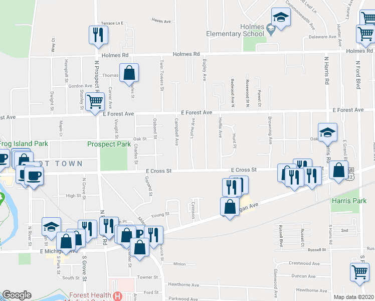 map of restaurants, bars, coffee shops, grocery stores, and more near 545 Lynne Avenue in Ypsilanti