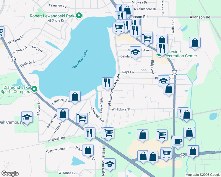 map of restaurants, bars, coffee shops, grocery stores, and more near 1116 North Diamond Lake Road in Mundelein