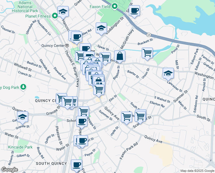 map of restaurants, bars, coffee shops, grocery stores, and more near 35 Revere Road in Quincy