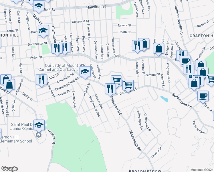 map of restaurants, bars, coffee shops, grocery stores, and more near 117 Massasoit Road in Worcester