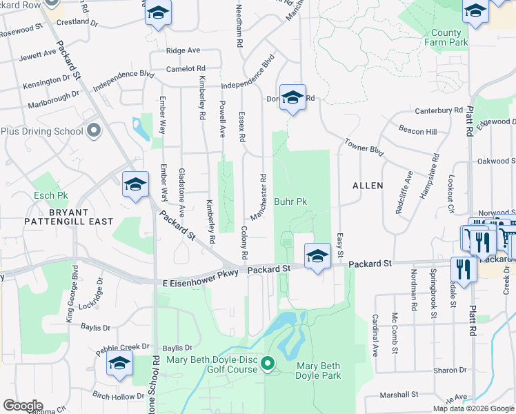 map of restaurants, bars, coffee shops, grocery stores, and more near 2788 Manchester Road in Ann Arbor