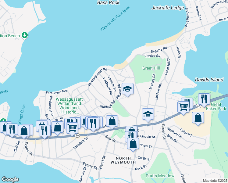 map of restaurants, bars, coffee shops, grocery stores, and more near 77 Squanto Road in Weymouth