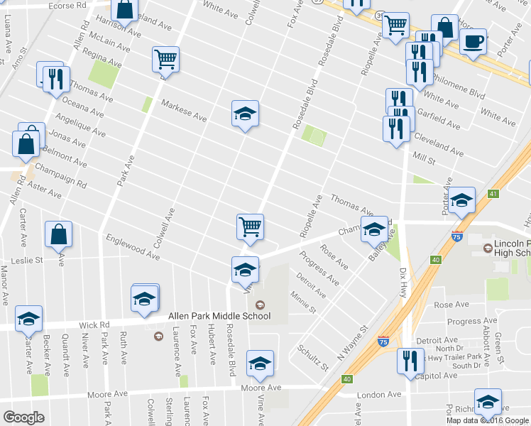 map of restaurants, bars, coffee shops, grocery stores, and more near 7829 Rosedale Boulevard in Allen Park