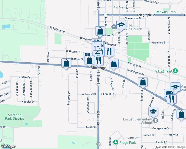 map of restaurants, bars, coffee shops, grocery stores, and more near 321 South Ann Street in Marengo