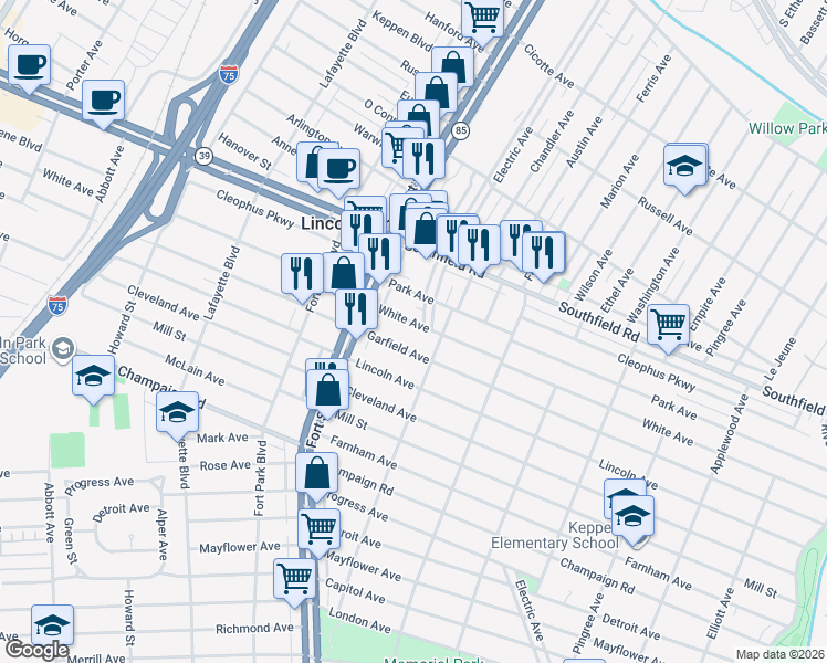map of restaurants, bars, coffee shops, grocery stores, and more near 1167 White Avenue in Lincoln Park