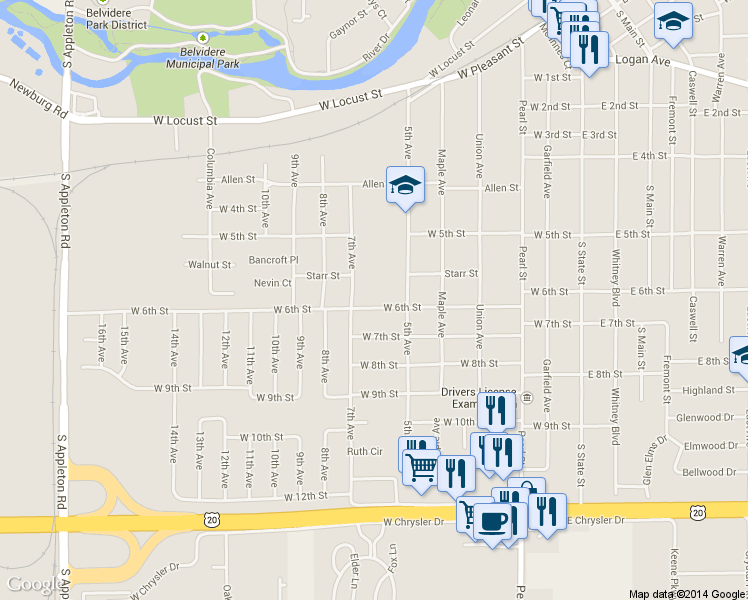 map of restaurants, bars, coffee shops, grocery stores, and more near 633 West 6th Street in Belvidere