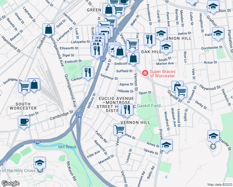 map of restaurants, bars, coffee shops, grocery stores, and more near 35 Sterling Street in Worcester