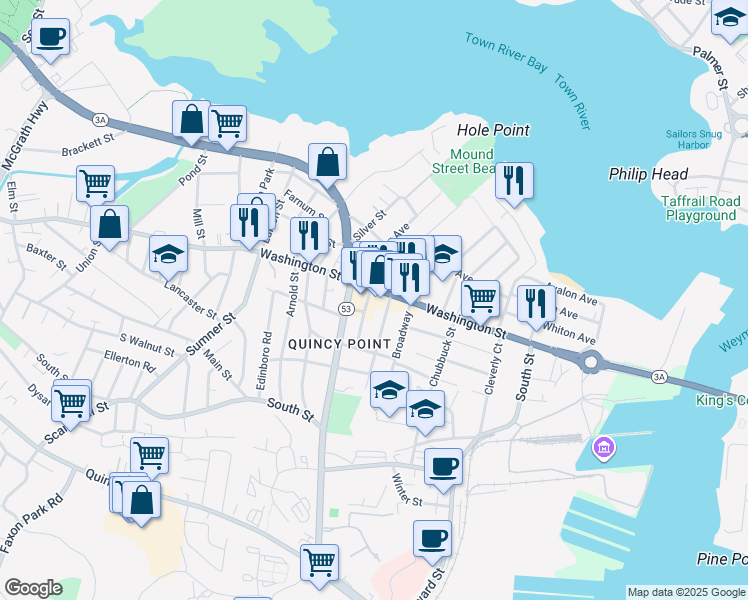 map of restaurants, bars, coffee shops, grocery stores, and more near 497 Washington Street in Quincy
