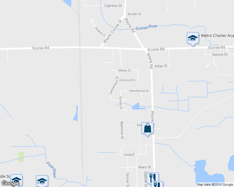 map of restaurants, bars, coffee shops, grocery stores, and more near 7796 Surrey Drive in Romulus
