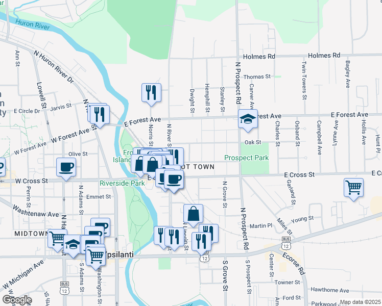 map of restaurants, bars, coffee shops, grocery stores, and more near 542 Maple Court in Ypsilanti