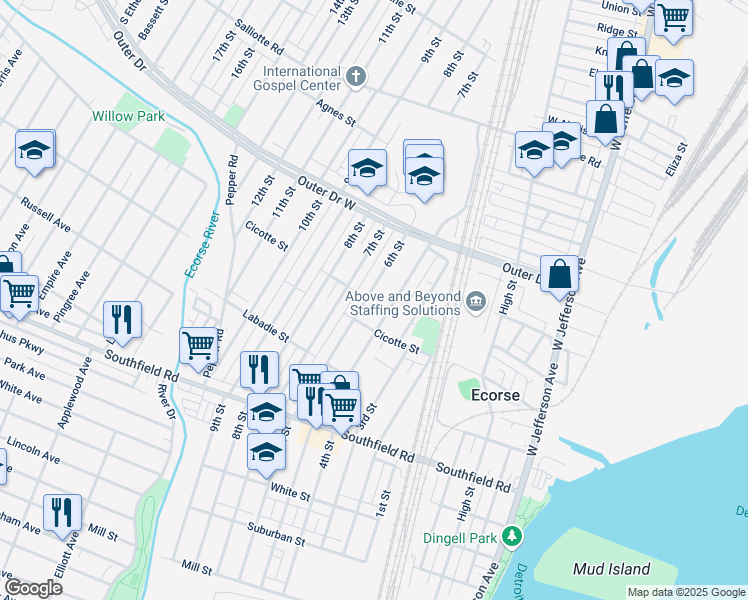 map of restaurants, bars, coffee shops, grocery stores, and more near 4285 6th Street in Ecorse