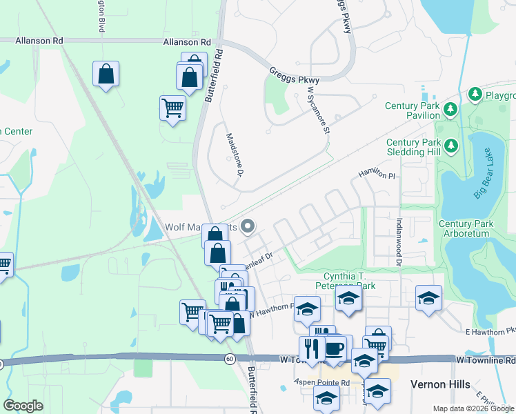 map of restaurants, bars, coffee shops, grocery stores, and more near 26409 Butterfield Road in Vernon Hills