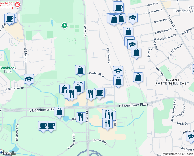 map of restaurants, bars, coffee shops, grocery stores, and more near 1000 Oakbrook Dr in Ann Arbor Charter Township