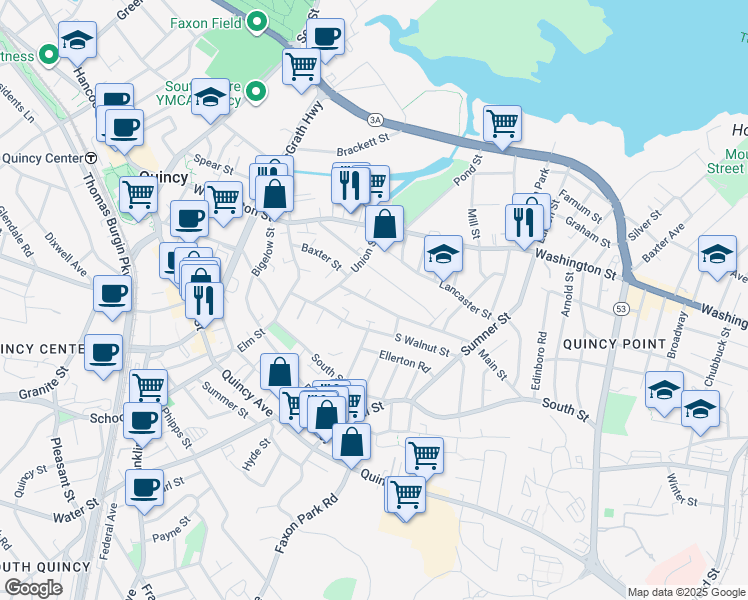 map of restaurants, bars, coffee shops, grocery stores, and more near 34 Main Street in Quincy