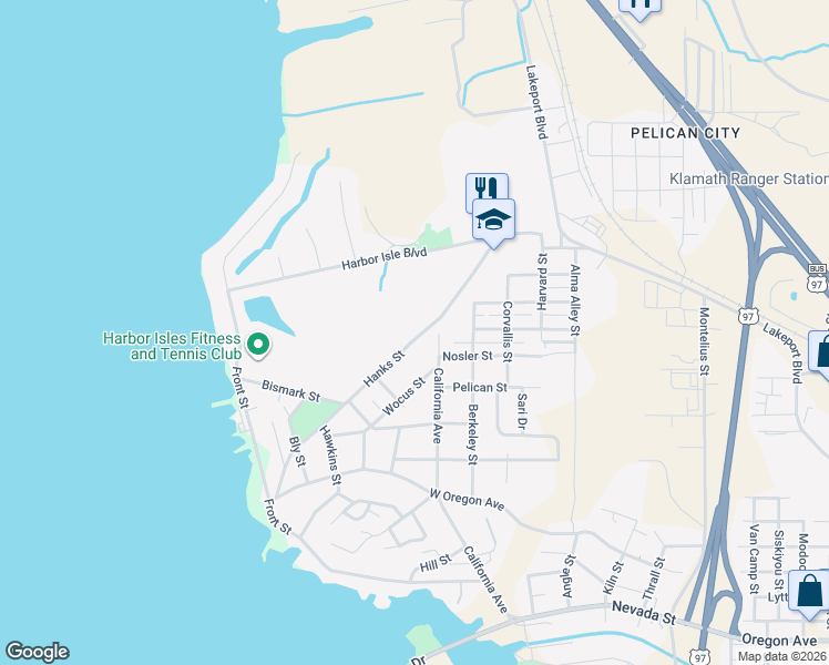 map of restaurants, bars, coffee shops, grocery stores, and more near 725 Hanks Street in Klamath Falls