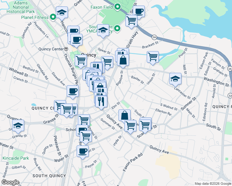 map of restaurants, bars, coffee shops, grocery stores, and more near 49 Miller Stile Road in Quincy