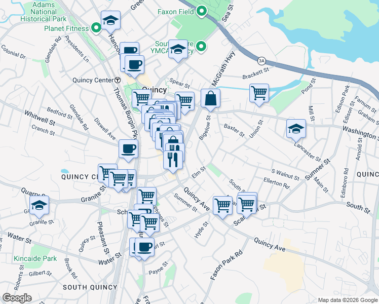 map of restaurants, bars, coffee shops, grocery stores, and more near 35 Revere Road in Quincy