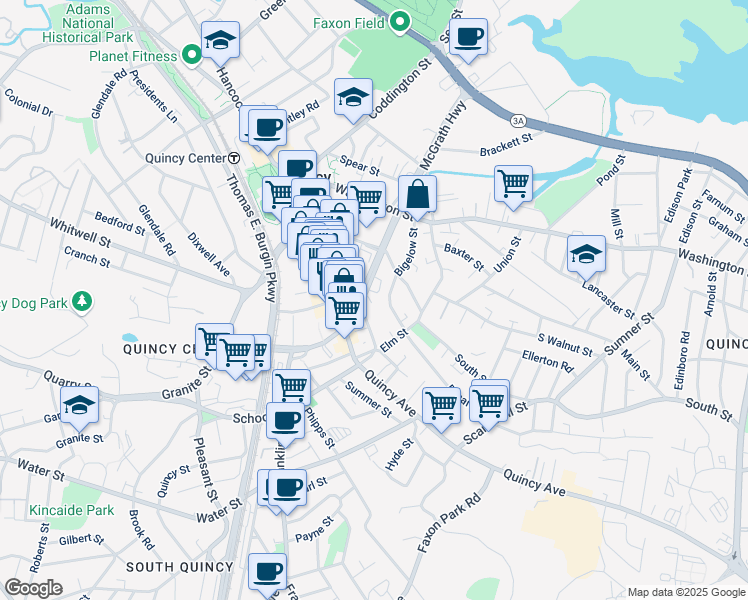 map of restaurants, bars, coffee shops, grocery stores, and more near 35 Revere Road in Quincy