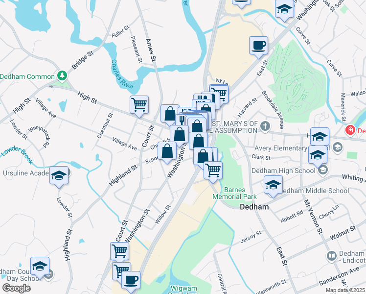 map of restaurants, bars, coffee shops, grocery stores, and more near 577 High Street in Dedham
