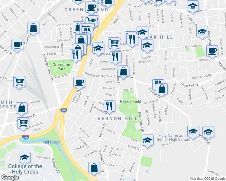 map of restaurants, bars, coffee shops, grocery stores, and more near 8A Hillside Street in Worcester
