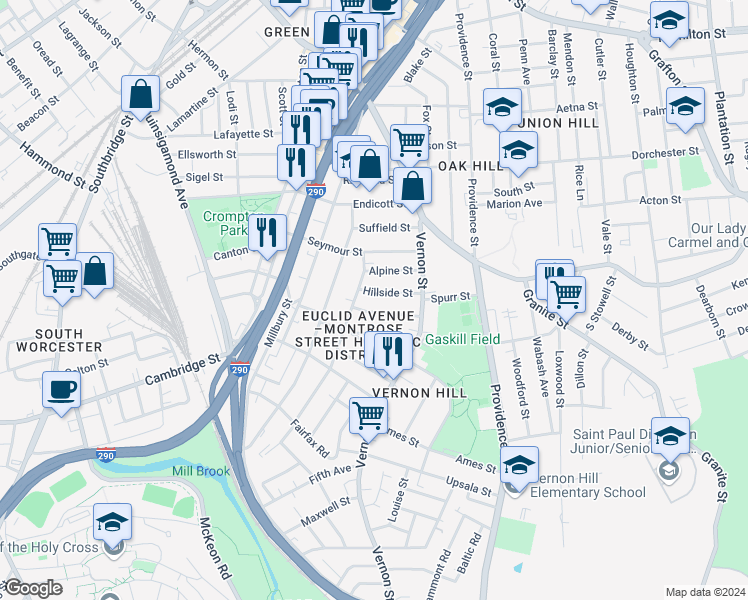 map of restaurants, bars, coffee shops, grocery stores, and more near 35 Sterling Street in Worcester