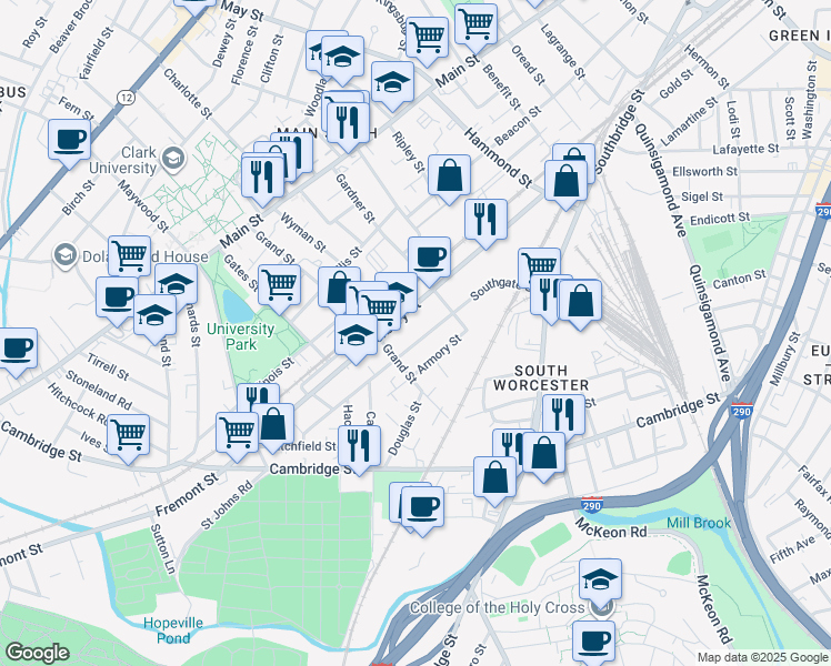 map of restaurants, bars, coffee shops, grocery stores, and more near 64 Southgate Place in Worcester