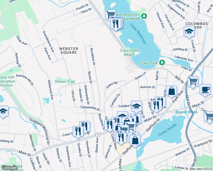 map of restaurants, bars, coffee shops, grocery stores, and more near 9a Gates Road in Worcester