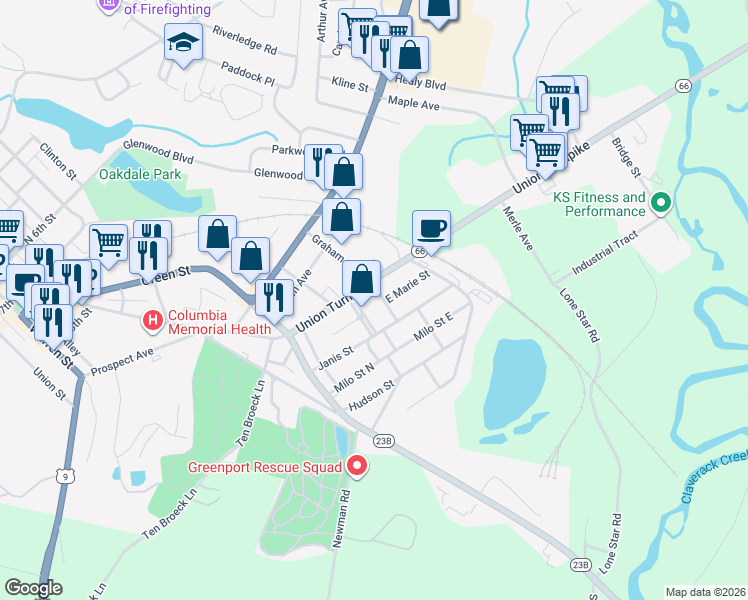 map of restaurants, bars, coffee shops, grocery stores, and more near 19 Union Turnpike in Hudson