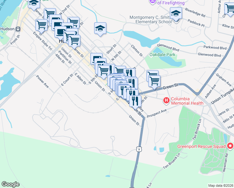 map of restaurants, bars, coffee shops, grocery stores, and more near 624 Warren Street in Hudson