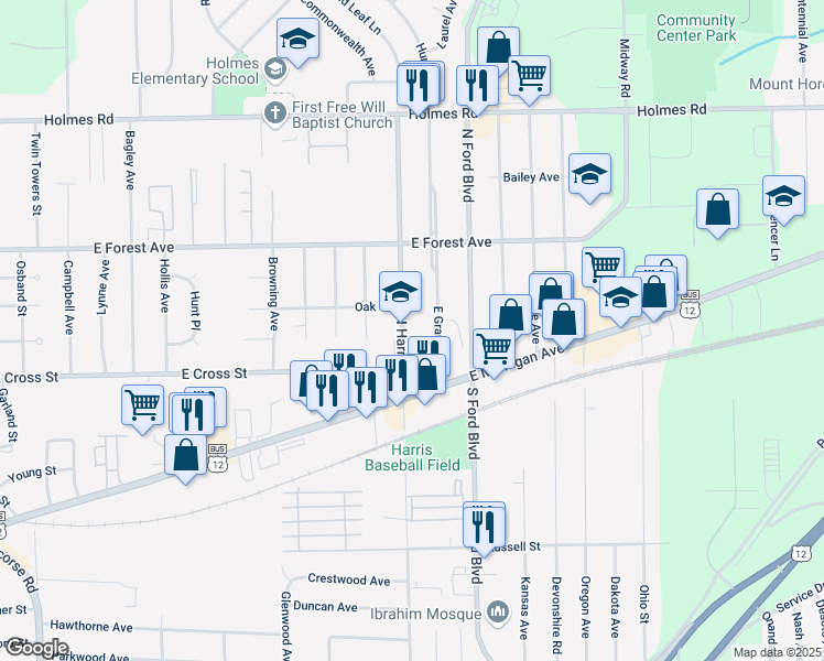 map of restaurants, bars, coffee shops, grocery stores, and more near 515 North Harris Road in Ypsilanti