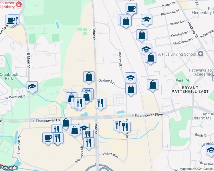 map of restaurants, bars, coffee shops, grocery stores, and more near 1000 Oakbrook Dr in Ann Arbor Charter Township