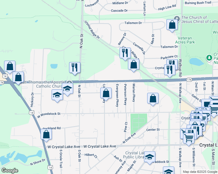 map of restaurants, bars, coffee shops, grocery stores, and more near 235 Lincoln Parkway in Crystal Lake